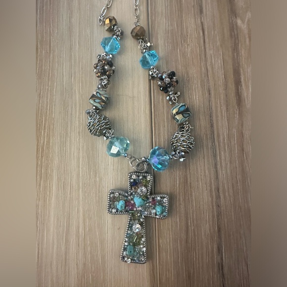 80s Beaded Cross Necklace - Picture 1 of 5